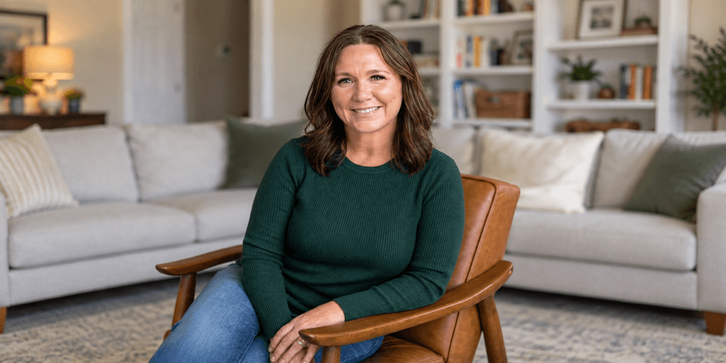 Smiling woman in green sweater sitting in a cozy living room chair