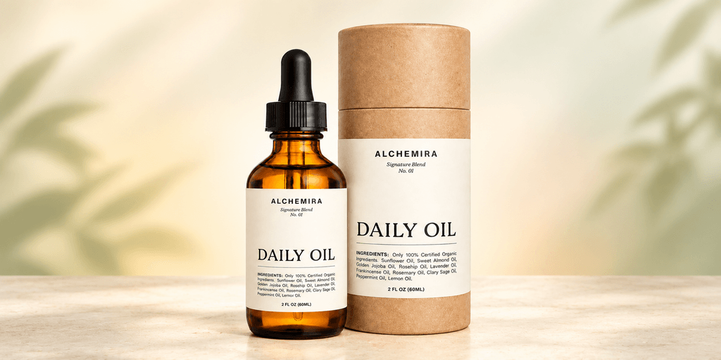 Amber glass bottle with dropper and cylindrical packaging labeled Daily Oil by Alchemira