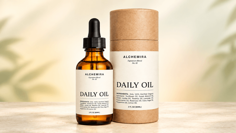 Amber glass bottle with dropper and cylindrical packaging labeled Daily Oil by Alchemira