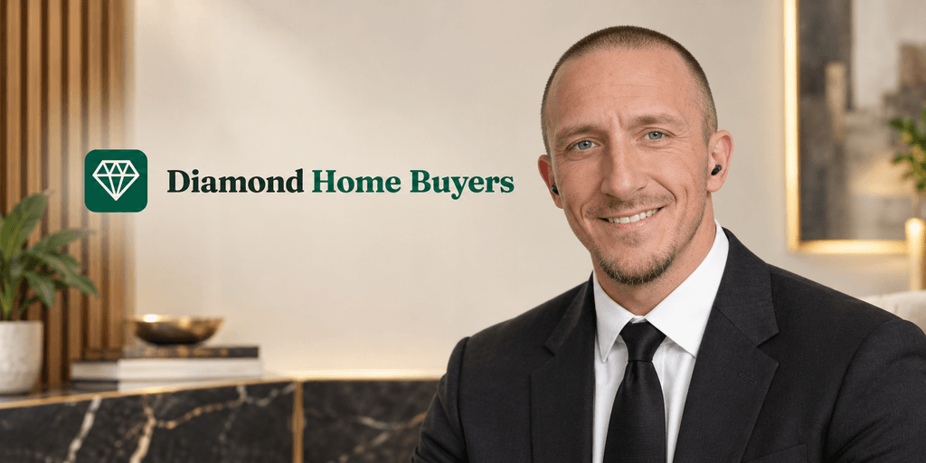 Professional man in a suit smiling with a logo for Diamond Home Buyers in the background
