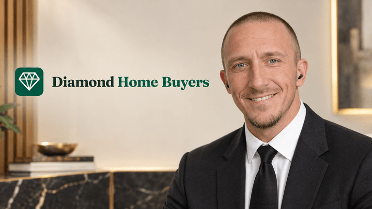Professional man in a suit smiling with a logo for Diamond Home Buyers in the background