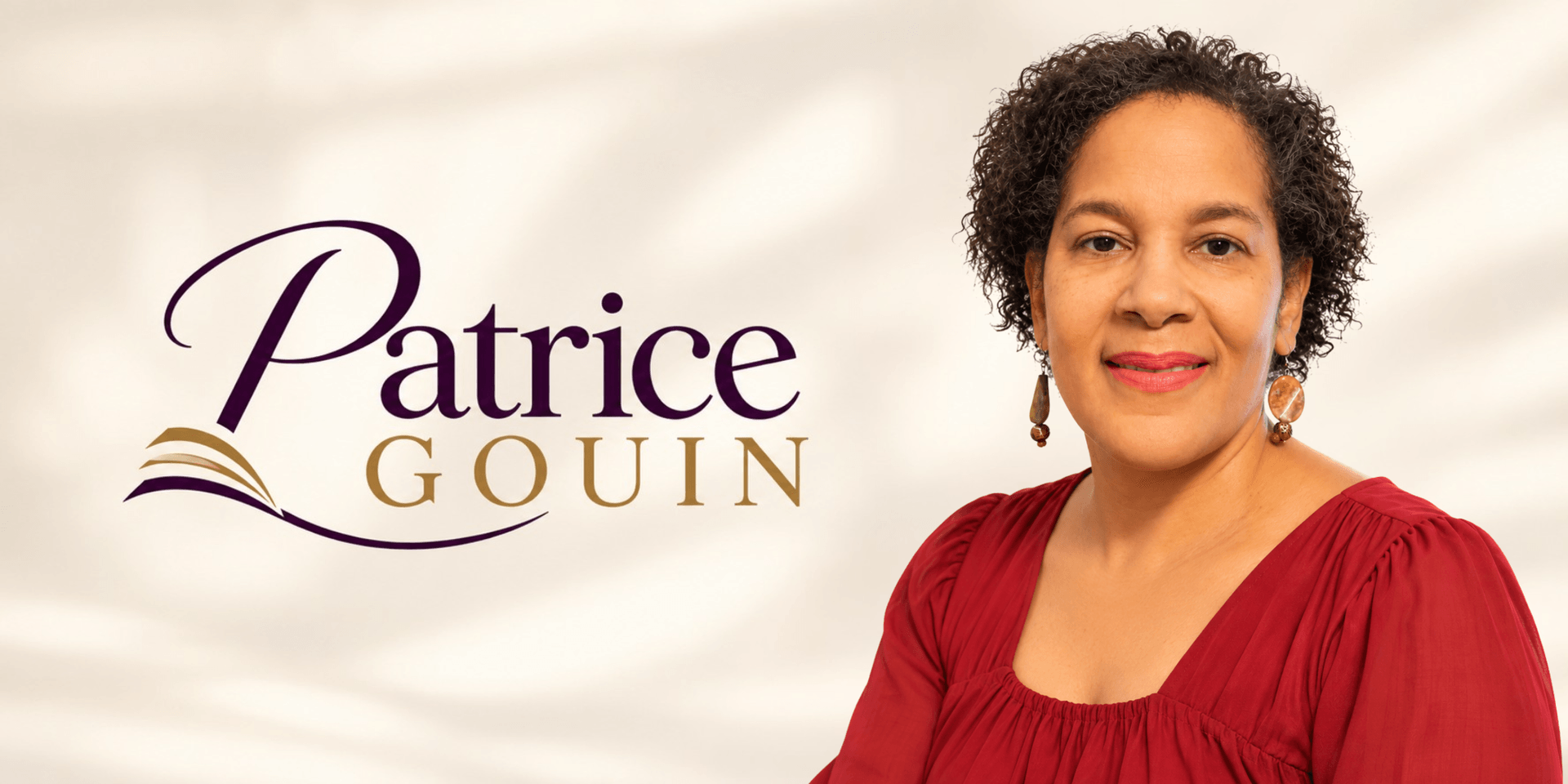 Portrait of a woman with curly hair, wearing a maroon top, beside the name Patrice Gouin