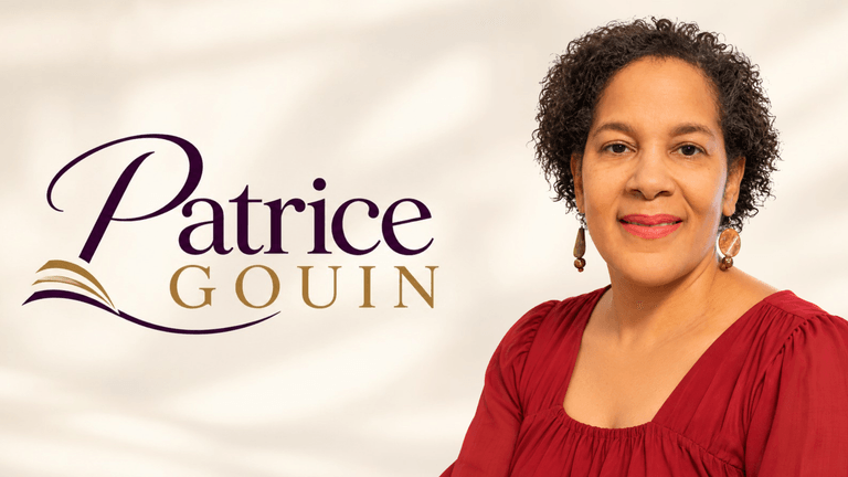 Portrait of a woman with curly hair, wearing a maroon top, beside the name Patrice Gouin