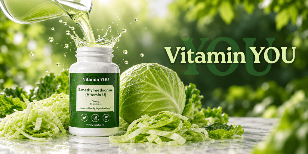 Bottle of Vitamin U supplement surrounded by fresh cabbage and green leaves