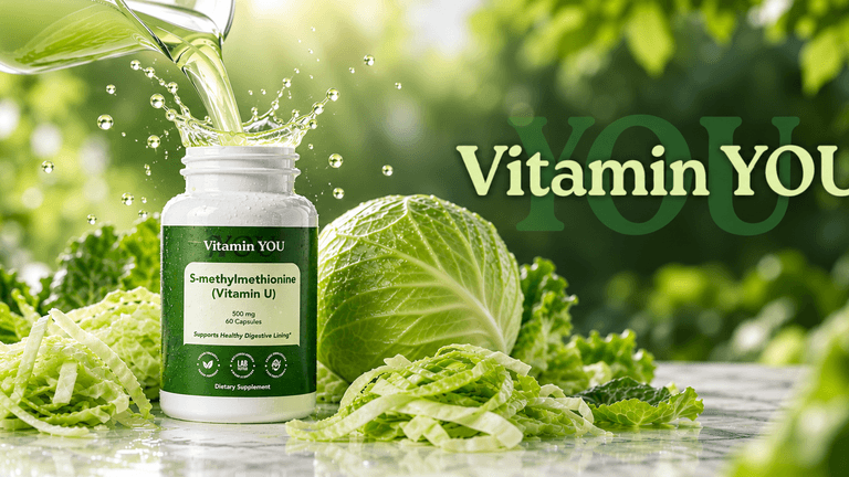 Bottle of Vitamin U supplement surrounded by fresh cabbage and green leaves