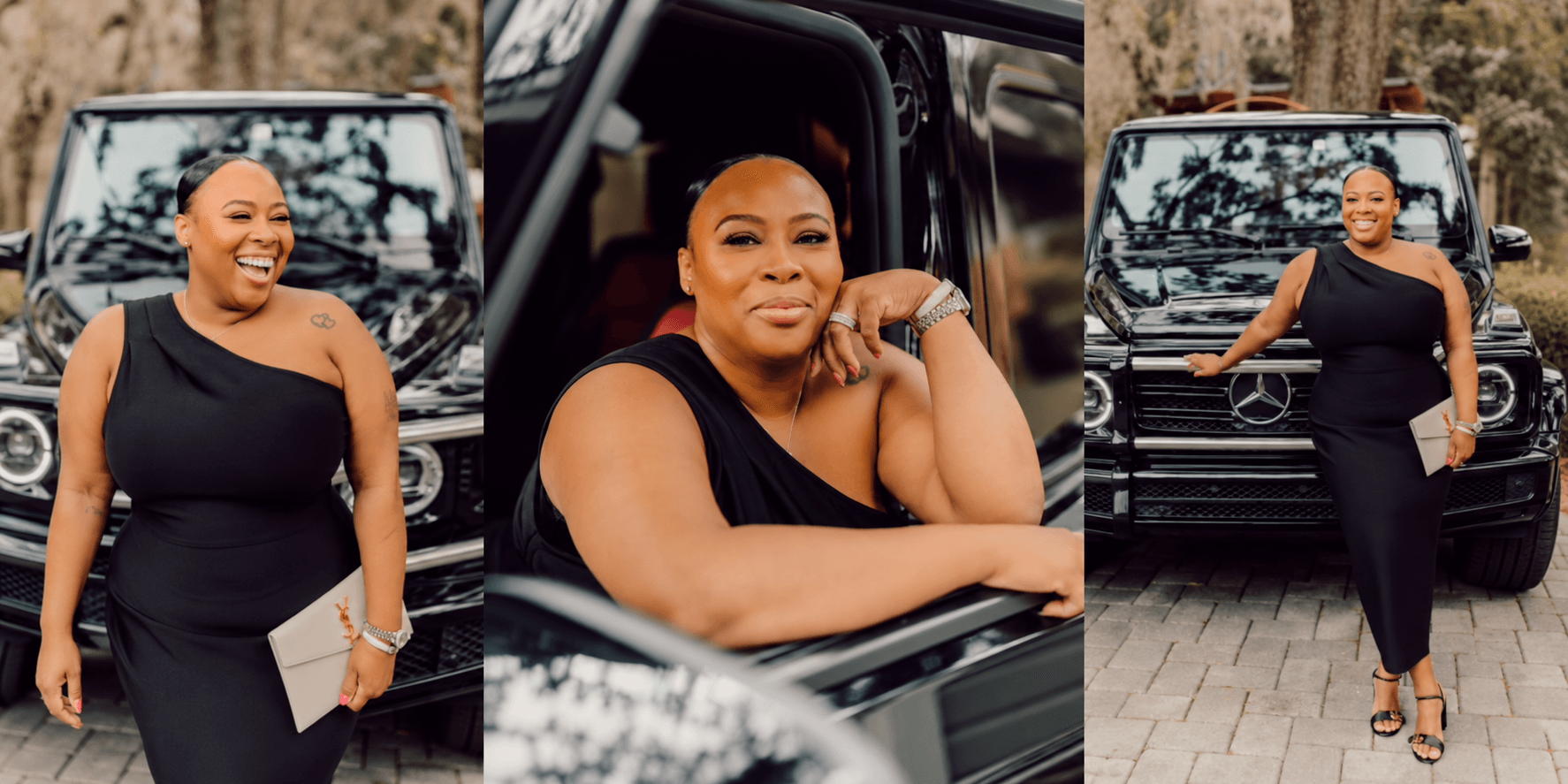 Woman in elegant black dress poses by luxury car, smiling confidently.