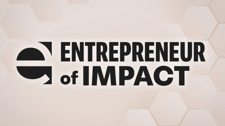 Logo displaying "Entrepreneur of Impact" with hexagonal background design