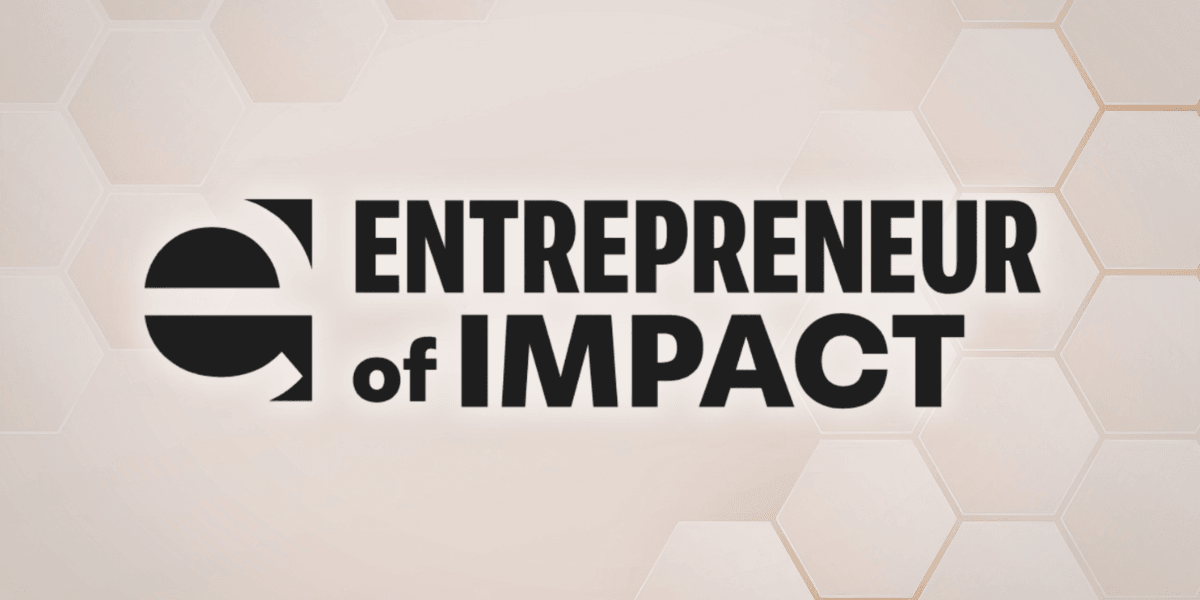 Logo displaying "Entrepreneur of Impact" with hexagonal background design