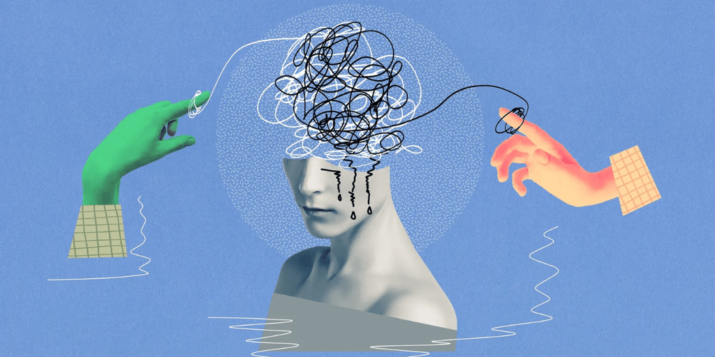 Stylized illustration of a figure with tangled thoughts surrounded by hands and water.