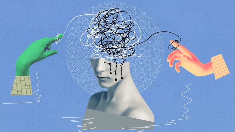 Stylized illustration of a figure with tangled thoughts surrounded by hands and water.
