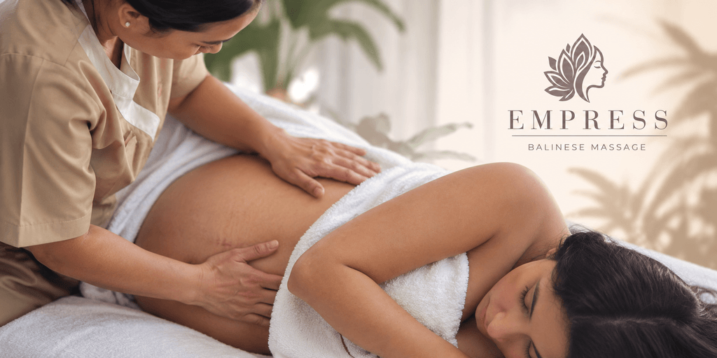 A pregnant woman receiving a Balinese massage from a therapist in a serene setting