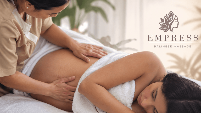 A pregnant woman receiving a Balinese massage from a therapist in a serene setting