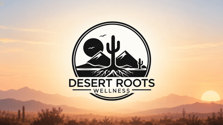 Logo featuring mountains, a cactus, and a sunset with "Desert Roots Wellness" text