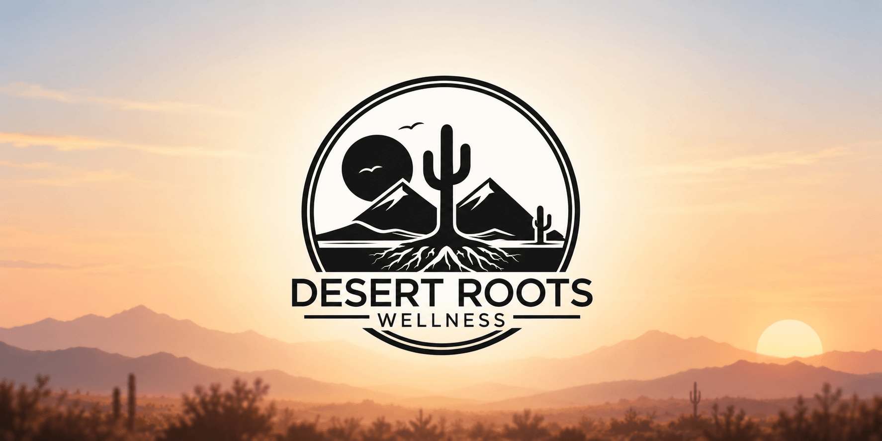 Logo featuring mountains, a cactus, and a sunset with "Desert Roots Wellness" text