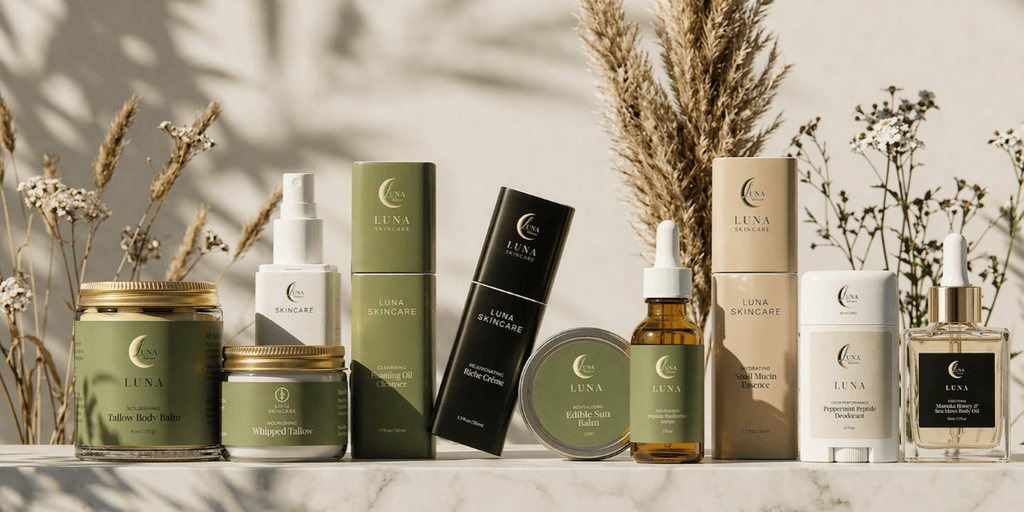 An array of Luna Skincare products displayed elegantly with dried flowers in the background