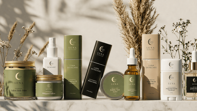 An array of Luna Skincare products displayed elegantly with dried flowers in the background