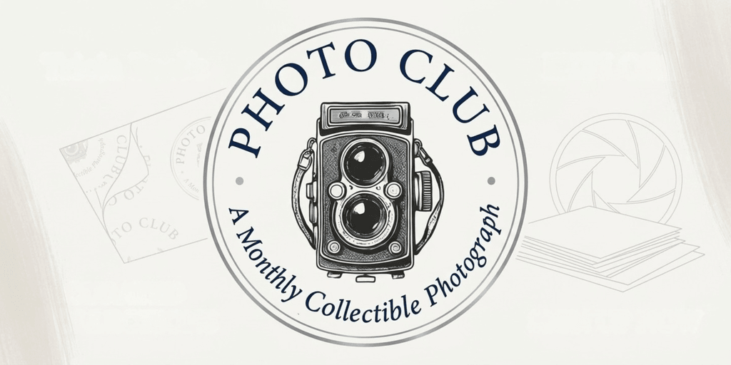 Logo for a photo club featuring a vintage camera with text about collectible photographs