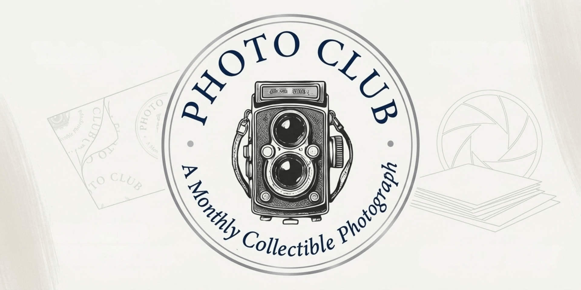 Logo for a photo club featuring a vintage camera with text about collectible photographs