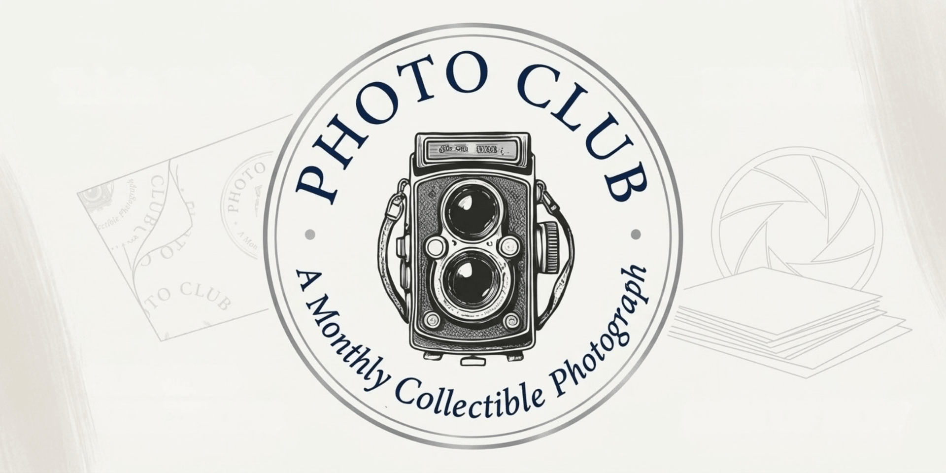 Logo for a photo club featuring a vintage camera with text about collectible photographs