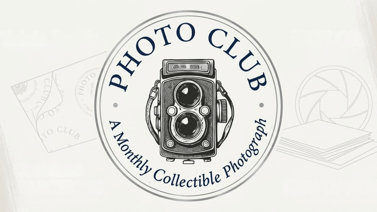 Logo for a photo club featuring a vintage camera with text about collectible photographs