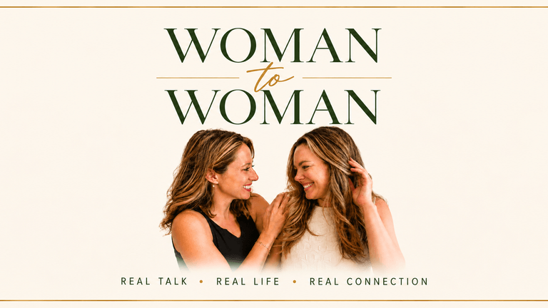 Two women smiling and interacting, with a title "Woman to Woman" above them