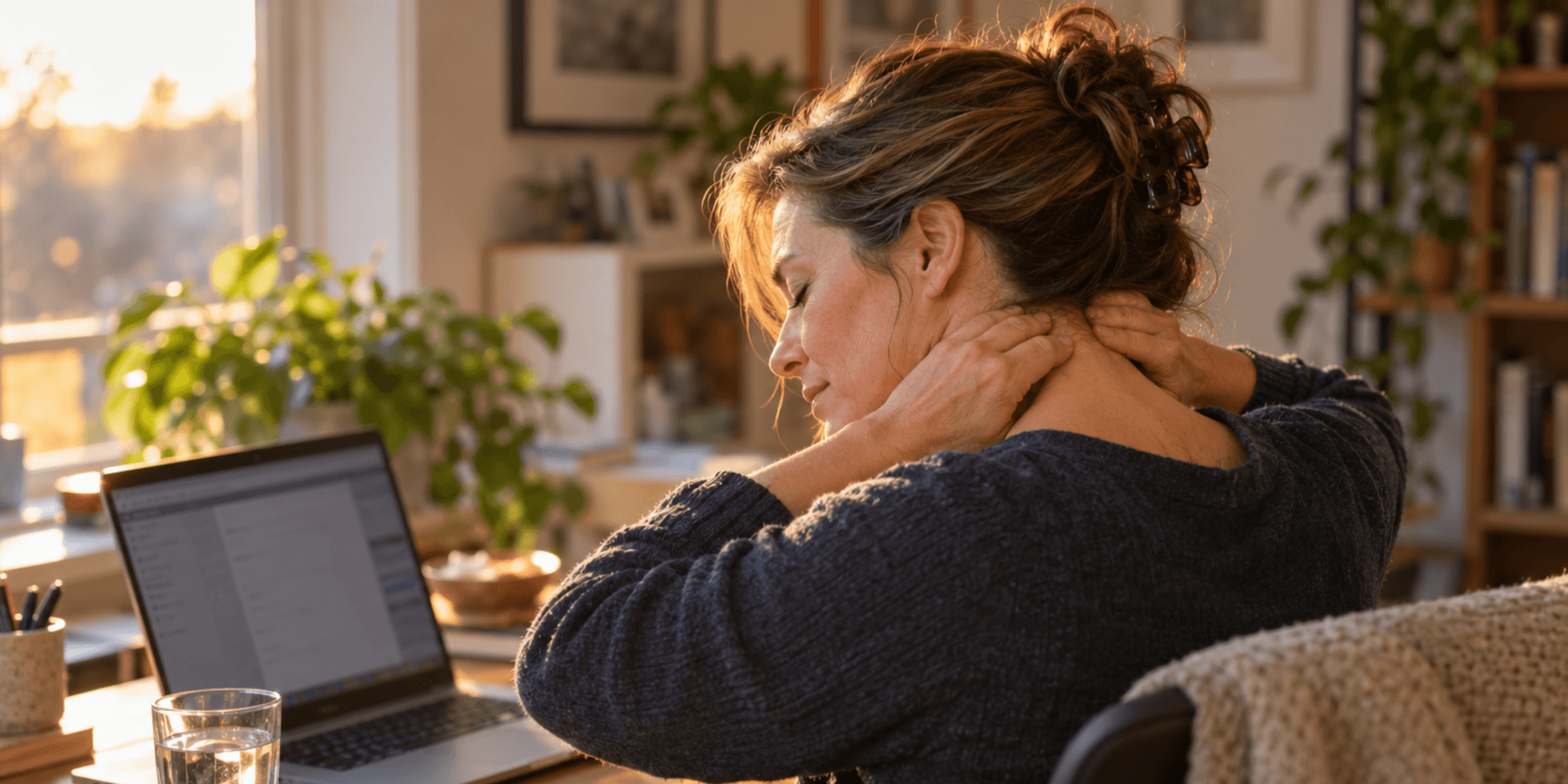 Woman sitting at a desk, rubbing her neck, with a laptop and plants nearby