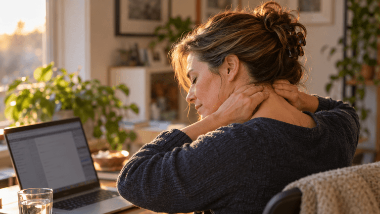 Woman sitting at a desk, rubbing her neck, with a laptop and plants nearby