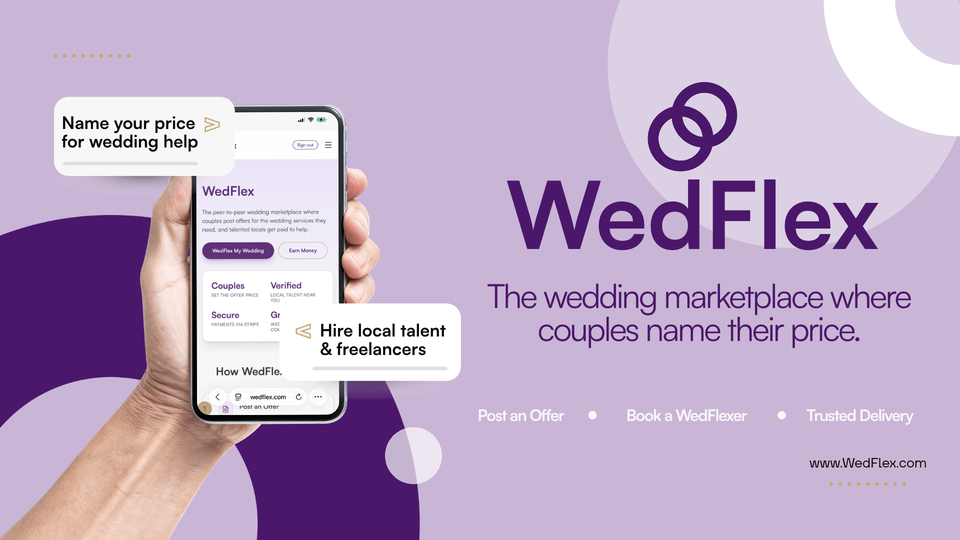 Mobile phone displaying the WedFlex wedding marketplace interface with branding and features highlighted