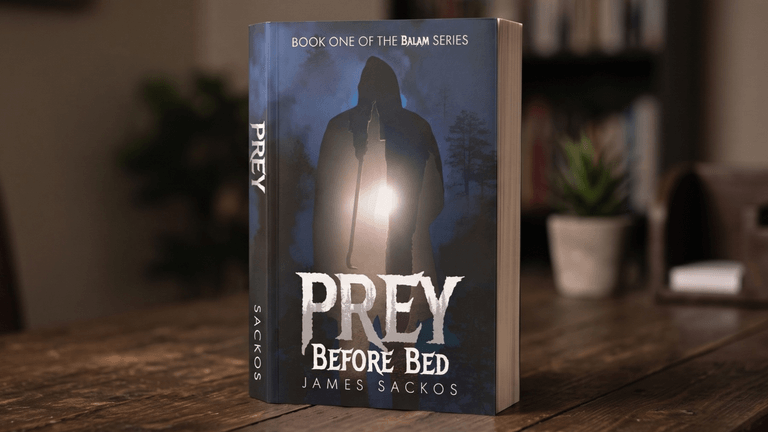 A book titled "Prey Before Bed" by James Sackos displayed on a wooden surface