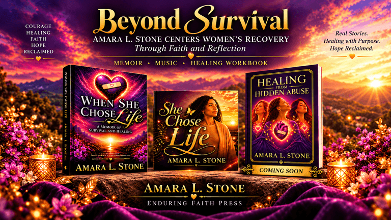 Promotional graphic for Amara L. Stone's books on women's recovery and healing.