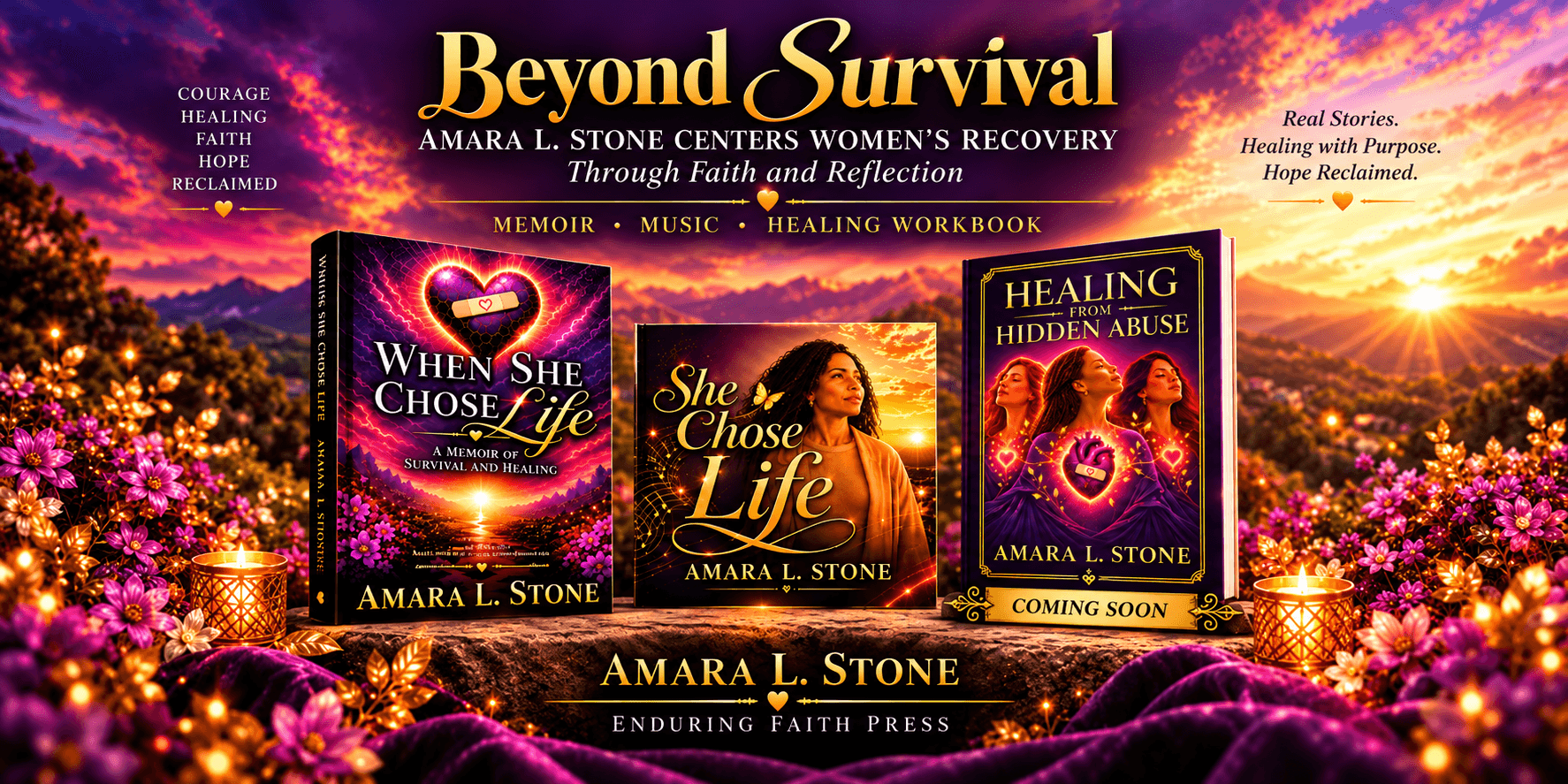 Promotional graphic for Amara L. Stone's books on women's recovery and healing.