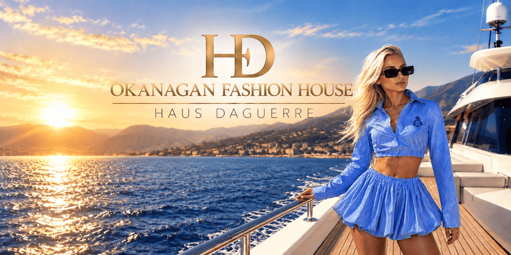 Model in a blue outfit poses on a yacht during sunset by the coast
