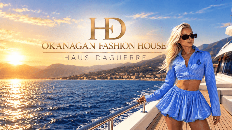 Model in a blue outfit poses on a yacht during sunset by the coast