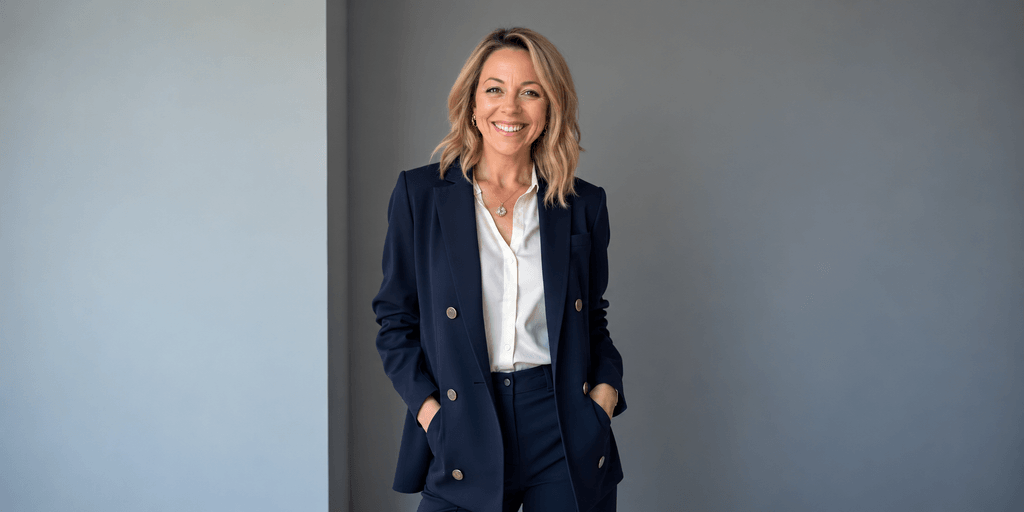 Smiling woman in a navy suit standing confidently against a gray background