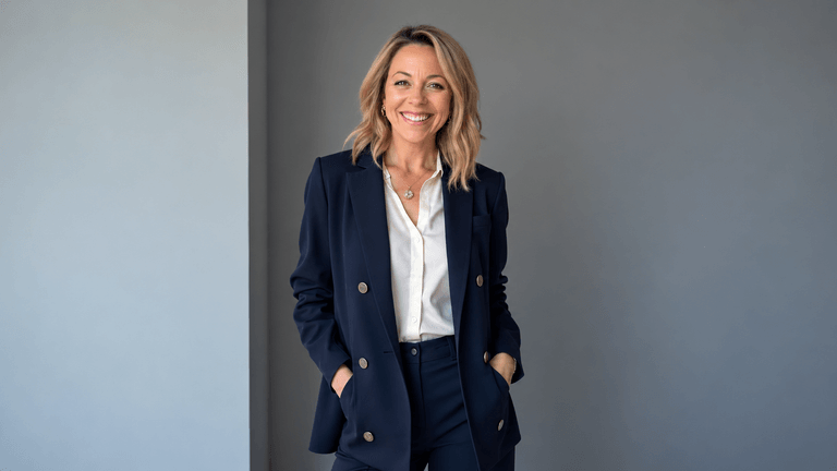 Smiling woman in a navy suit standing confidently against a gray background