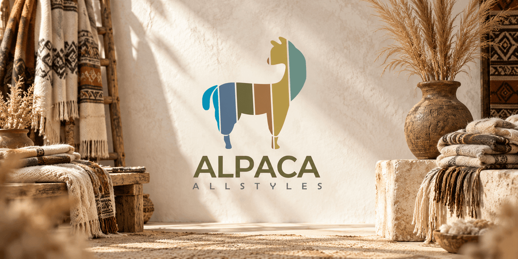 Interior setting with a large alpaca logo, rustic decor, and warm textures