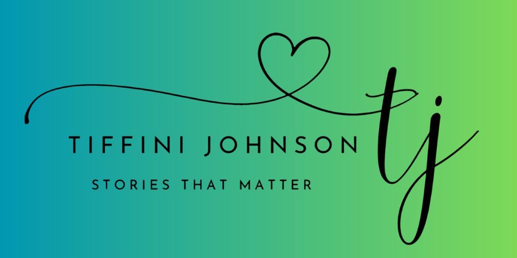 Tiffini Johnson “Stories That Matter” banner with heart design on blue-to-green gradient background.
