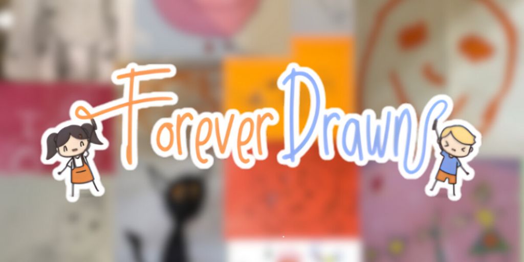 The Forever Drawn logo, featuring a childlike illustration of a girl and boy, surrounded by colorful children's artwork