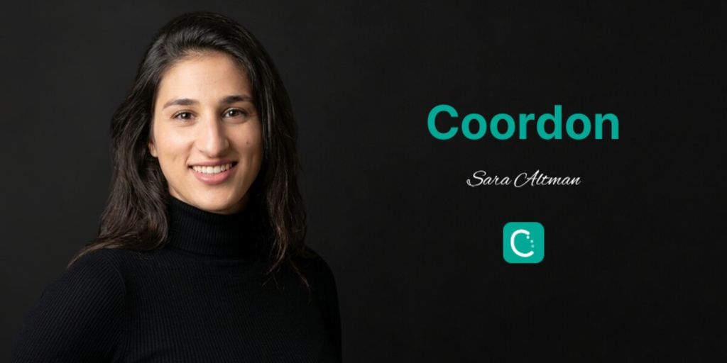 Portrait of Sara Altman beside Coordon logo on dark background promoting wedding coordination platform.