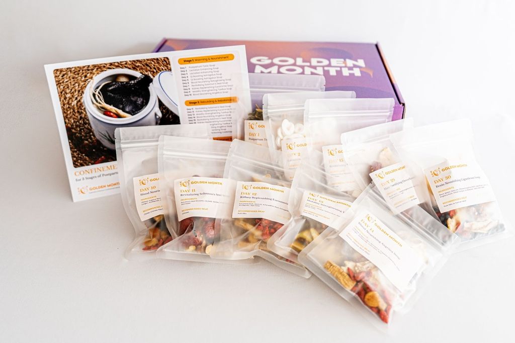 Golden Month postpartum nourishment bundles with herbal soups, teas, and bath packs for modern mothers.