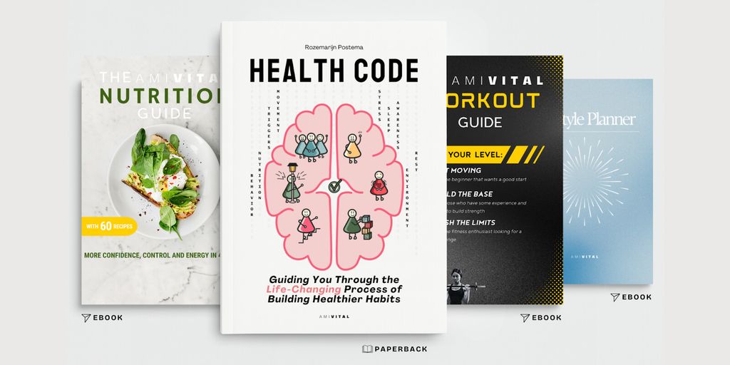 Four AmiVital health and wellness guides: Nutrition Guide, Health Code, Workout Guide, and Lifestyle Planner, showcasing vibrant, modern designs.