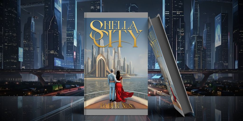 a futuristic city skyline with a couple standing on a balcony, facing the luxurious Shella City.