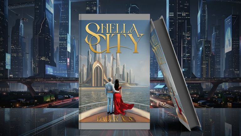 a futuristic city skyline with a couple standing on a balcony, facing the luxurious Shella City.