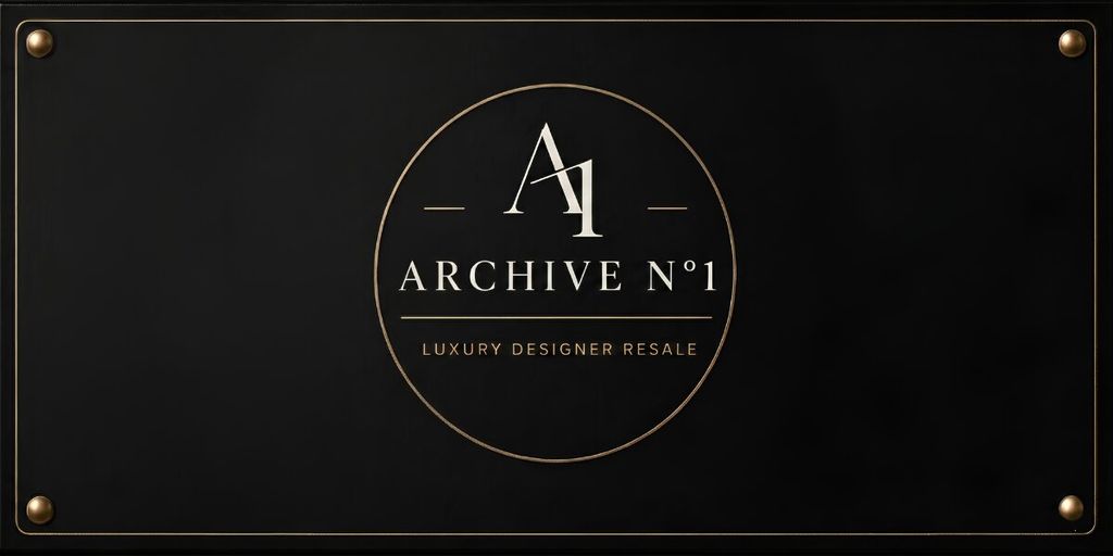 A black sign features a gold-bordered circle with "A1 ARCHIVE N°1" inside, and "Luxury Designer Resale" below, conveying elegance and exclusivity.