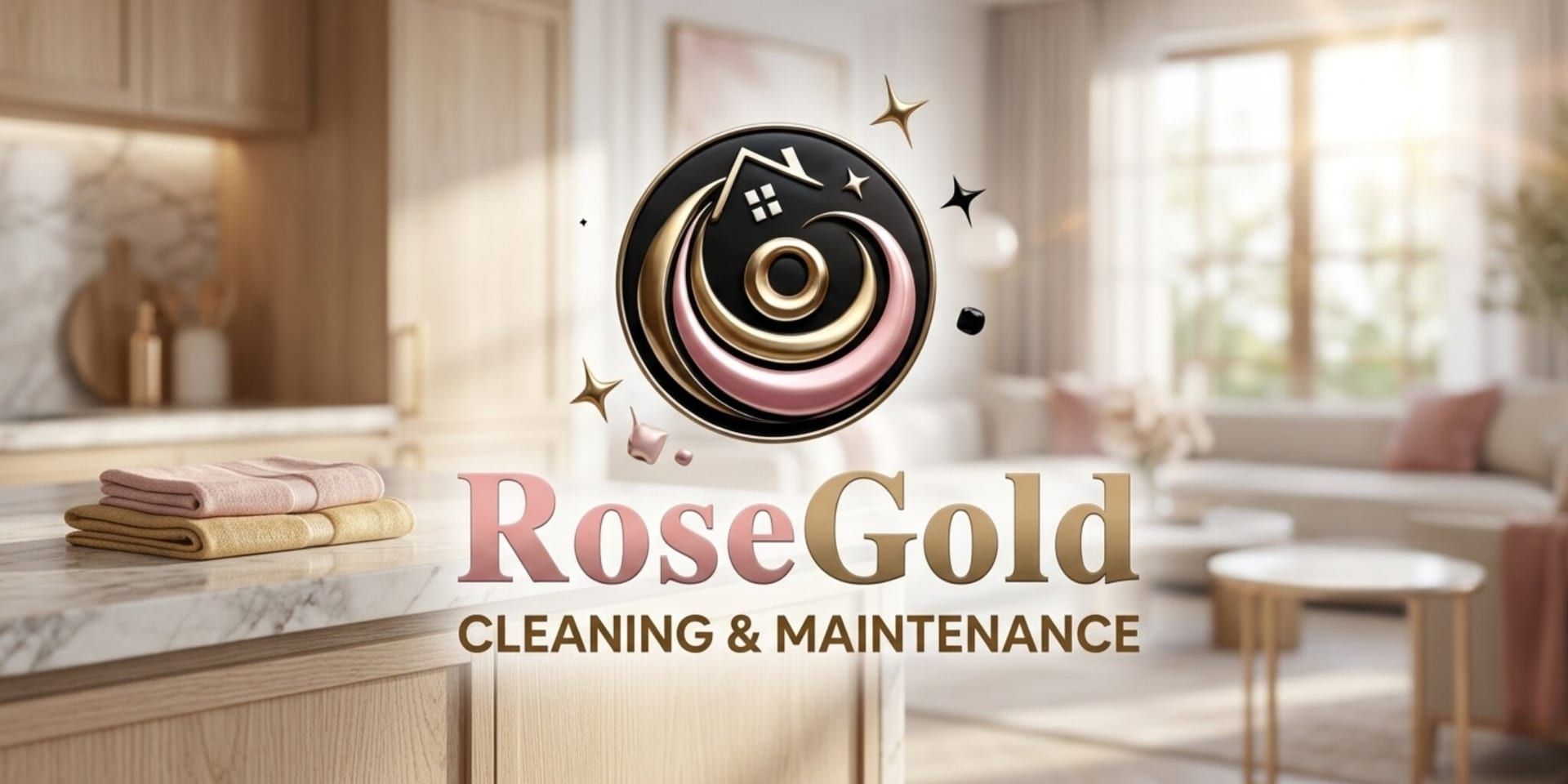 RoseGold Cleaning & Maintenance logo over modern clean kitchen and living room background.