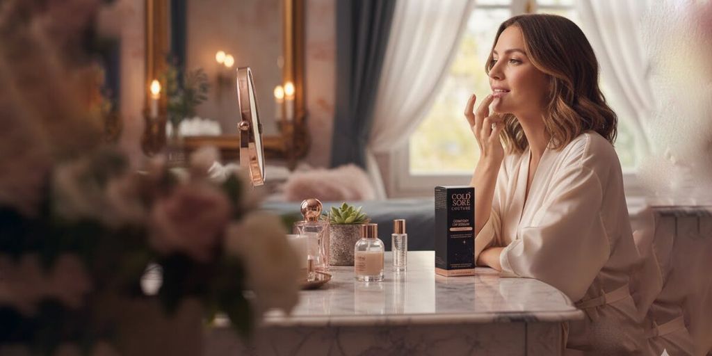 A woman applies lip care from Cold Sore Couture while sitting at a vanity, surrounded by elegant, luxury beauty products.