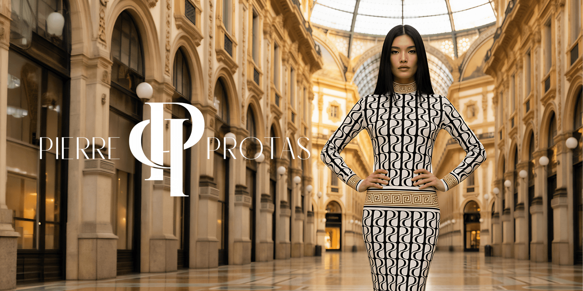 Model in geometric black-and-white dress posing in ornate luxury gallery with “Pierre Protas” branding.