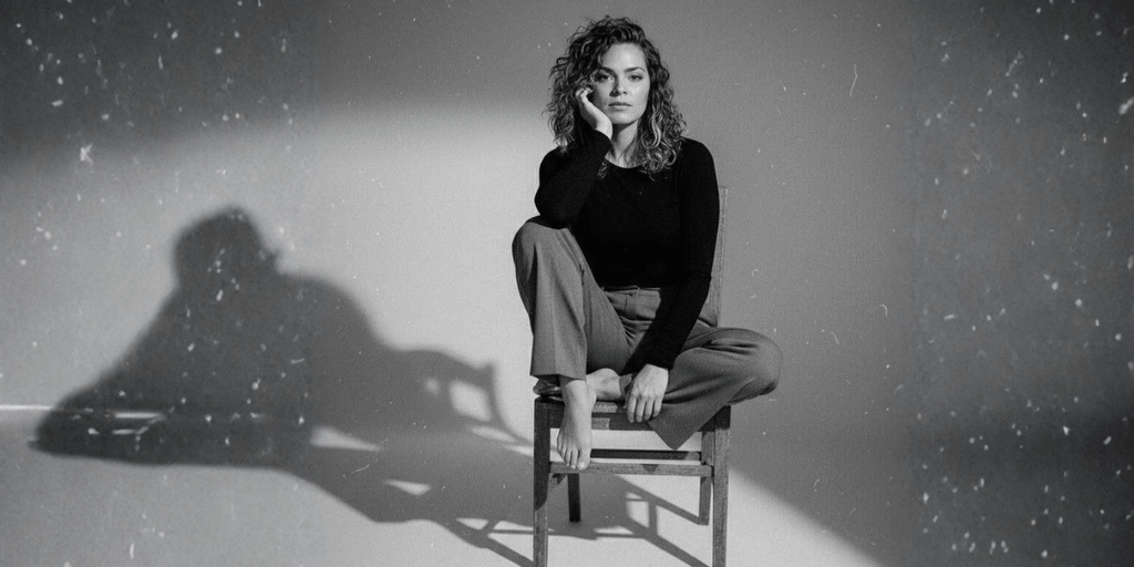 Black-and-white portrait of woman sitting on chair, dramatic lighting casting shadow, contemplative expression.