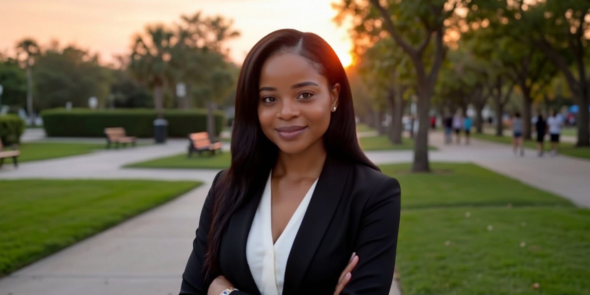 Portrait of therapist Diamond Jordan standing confidently in a park at sunset, representing compassionate mental healthcare.