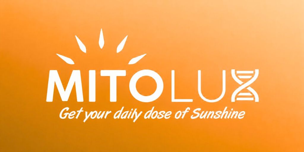 Mitolux logo with sun and DNA-inspired design on orange background, featuring the slogan “Get your daily dose of Sunshine.”